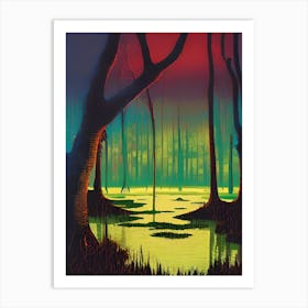 Nature Swamp Water Sunset Spooky Night Reflections Bayou Lake Art Print