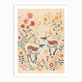 Folksy Floral Animal Drawing Caribou Art Print