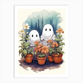 Cute Bedsheet Ghost, Botanical Halloween Watercolour 149 Art Print