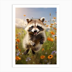 Cute Funny Crab Eating Raccoon Running On A Field 4 Art Print