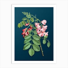 Vintage Robinier Rose Bloom Botanical Art on Teal Blue Art Print