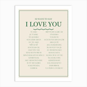 30 Ways To Say I Love You Green Print Art Print