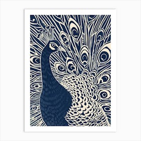 Navy Blue & Ivory Peacock Feather Line Art Print