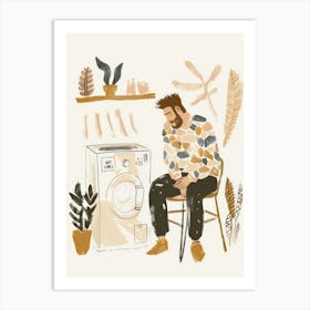 Man Sitting In Front Of Washing Machine Art Print