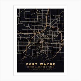 Fort Wayne Indiana USA Black And Gold Map Art Print