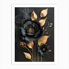 Black And Gold Flowers On Black Background Art Print