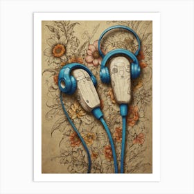 Headphones And Flowers Art Print