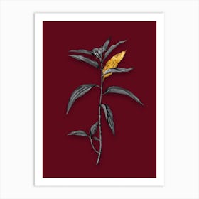 Vintage Dayflower Black and White Gold Leaf Floral Art on Burgundy Red n.1169 Art Print