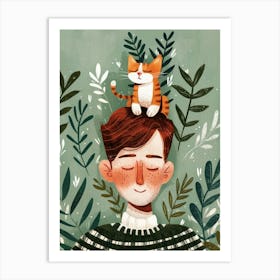 Boy With Cat On His Head Art Print