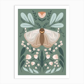 Moth On A Muted Green Background Botanical 2 Art Print