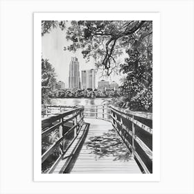 Lady Bird Lake And The Boardwalk Austin Texas Black And White Drawing 2 Art Print