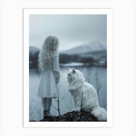 White Cat And Little Girl Art Print