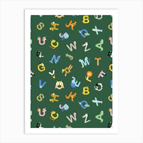 Green Alphabet Animal Letters Kids Art Print