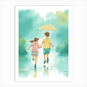 Boy And Girl In The Rain Art Print