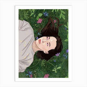 Girl in flowers, Sunshine (dark hair) Art Print