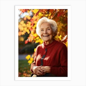 Elderly Woman Smiles Surrounded By A Vibrant Array Of Fall Foliage Golden And Crimson Leaves Frame (1) 2 Art Print