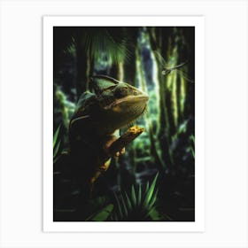 The Green Chameleon And The Dragonfly Art Print