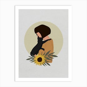 Minimal art Illustration Portrait Of A Woman With A Cat and sunflower Art Print
