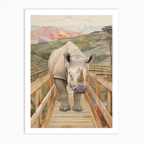 Rhino Crossing A Wooden Bridge With Mountain In The Background 2 Art Print