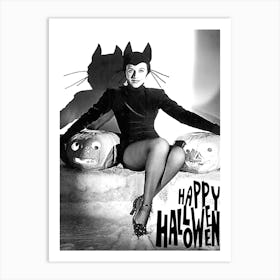 Beautiful Cat Woman Posing With Two Pumpkins Art Print