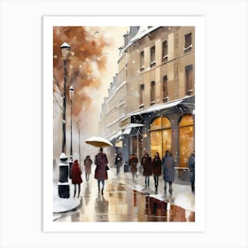 Paris cafes, winter season, Christmas, autumn oil colors, pale colors, pedestrians in the street, winter clothes, falling snow.Christmas decorations.17 Art Print