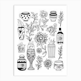 Flowers And Plants Black And White Line Art Art Print