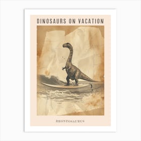 Vintage Brontosaurus Dinosaur On A Surf Board 2 Poster Art Print