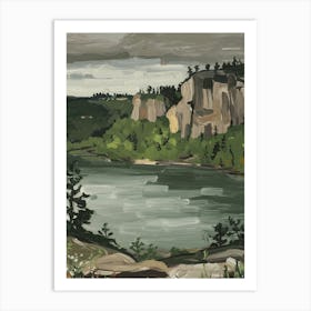 Minimalist Impressionist Landscape Serene Lake Amidst Forest And Rocky Cliffs 3 Art Print