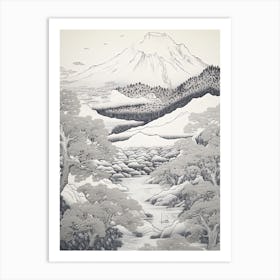Mount Gassan In Yamagata, Ukiyo E Black And White Line Art Drawing 3 Art Print