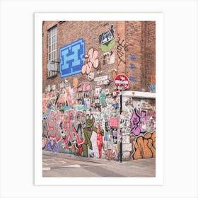 London, England I Colorful retro street art and urban graffiti on brick wall of Shoreditch streets with the industrial architecture and mural design vibrancy of London's suburbs urban exploration photography Art Print