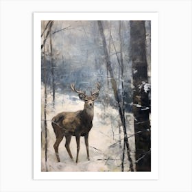 Vintage Winter Animal Painting Black Tailed Deer 3 Art Print