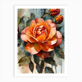 Orange Rose Watercolor Painting Art Print