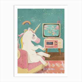 Pastel Unicorn Playing Video Games Storybook Style Art Print