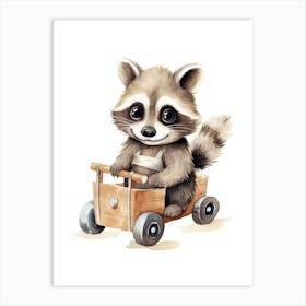 Baby Raccoon On A Toy Car, Watercolour Nursery 1 Art Print