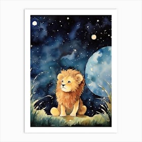 Stargazing Watercolour Lion Art Painting 1 Art Print