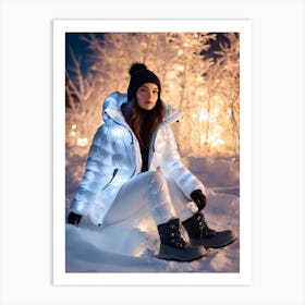 Beautiful woman in illuminating down jacket, winter scenery at night Art Print