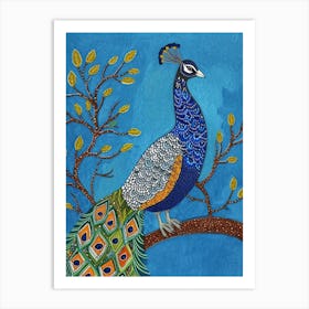 Peacock Geometric Sat On A Tree Branch Art Print