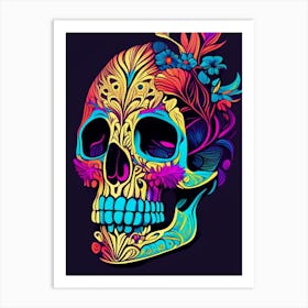 Skull With Vibrant Colors Line Drawing Art Print