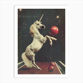 Unicorn In Space Bowling Retro Art Print