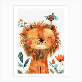 Small Joyful Lion With A Bird On Its Head 15 Art Print