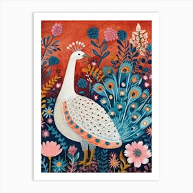 White Floral Folky Peacock 3 Art Print