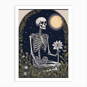 Where Art Thou Beautiful? Romantic Skeleton Gentleman Waiting For His Lover Under The Pale Moonlight - Vintage Folk Line Art Botanical Gothic Full Moon Pagan Witchy Midnight Celestial Stars Artwork For Gothic Witch Macabre Feature Gallery Wall - The Lovers, The Kiss Inspired Till Death Do Us Part Art Print