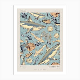 Pastel Blue White Tip Reef Shark Watercolour Seascape Pattern 2 Poster Art Print