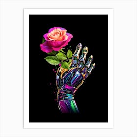 Android Hand Holding A Pink Rose Flower Art Print