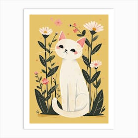 White Cat In Flowers 4 Art Print