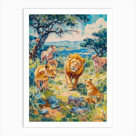 Southwest African Lion Interaction With Others Fauvist Painting 2 Art Print