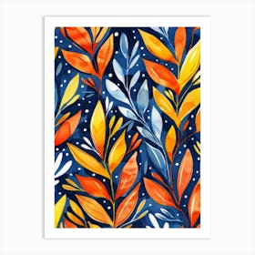 Autumn Leaves On Blue Background Art Print