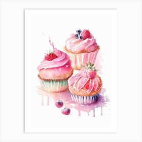 Strawberry Cupcakes, Dessert, Food Pastel Watercolour Art Print