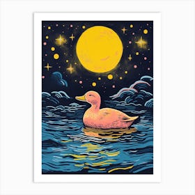 Linocut Style Duckling In The Lake Under The Moonlight 4 Art Print