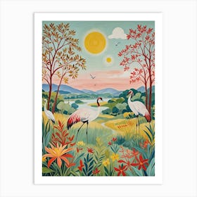 Cranes In The Meadow Art Print